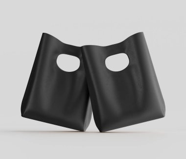 Tarafsız bir arkaplanda şekillerini ve biçimlerini vurgulayan iki basit siyah torba sunuluyor. Poşetler pürüzsüz ve yansıtıcı olmayan bir maddeden yapılmış gibi görünüyor. Işıklandırma yumuşak ve dengeli, ince gölgeler ve gölgeler yaratıyor.