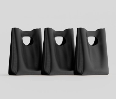 Bu resim birbirinin aynı üç siyah çantayı gösteriyor, her birinde farklı bir sapı var. Çantalar, temiz ve minimalist bir kompozisyon sunan açık renkli bir arkaplan üzerine kurulmuş. Işık yumuşak görünüyor, pürüzsüz t 'yi vurguluyor.