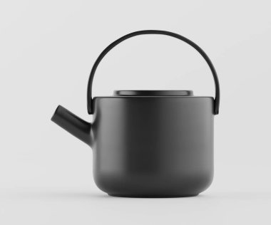 Modern, minimalist, muhtemelen seramik siyah bir çaydanlık, düz, açık gri bir arkaplanda sunuluyor. Çaydanlıkta yuvarlak kenarları ve aynı kapağı ve sapı olan basit, çağdaş bir tasarım yer alıyor. Işıklandırma eşit ve nötr.