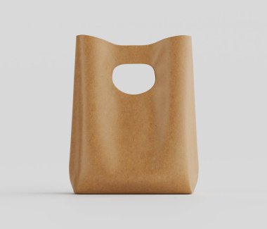 Tarafsız bir bej ya da açık kahverengi çanta. Poşet, görüntüde başka bir elementi olmayan açık gri bir arkaplanda sergileniyor. Çantanın üzerinde kesme şekli ve iki sapı olan basit bir tasarımı var. Biçimi ve materyali bir hareketi işaret ediyor.