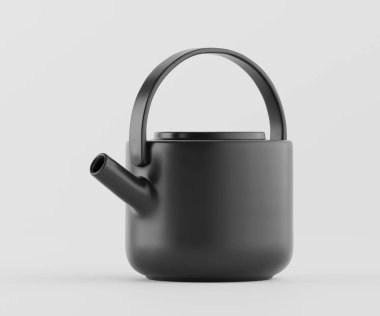 Modern, mat siyah çaydanlık tasarımı. Basit, temiz çizgiler pürüzsüz, katı renkle vurgulanır. Çaydanlığın kendine özgü yuvarlak bir şekli ve rahat sapları var. İyi ışıklandırılmış ve izole edilmiş, sade, nötr bir arkaplan,