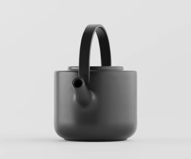 Bir stüdyo çekiminde modern, minimalist bir çaydanlık yer alır. Tencere siyah renkli ve pürüzsüz yuvarlak yüzeyli. Sapı ve çıkıntısı da siyah ve çaydanlığın şekli basit ve zarif. Işıklar eşit ve parlak, kreat.