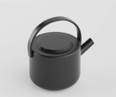 Modern, mat siyah çaydanlık, bu natürmortun ana konusudur. Çaydanlık yuvarlak ve basit ve temiz bir tasarımı var. Kapı kolu ve kapağı da siyah, tencereye uyuyor. Aydınlatma eşit ve parlak, açık bir görüş yaratıyor