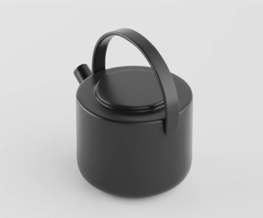 Modern, siyah bir çaydanlığın tam bir fotoğrafı. Çaydanlığın basit, yuvarlak bir şekli ve iki pürüzsüz geniş sapı vardır. Pürüzsüz ve yansıtıcı olmayan bir maddeden yapılmış gibi görünen bir mat siyahı. Işık yumuşak ve dağınık, güçlü bir gölge yaratmıyor.