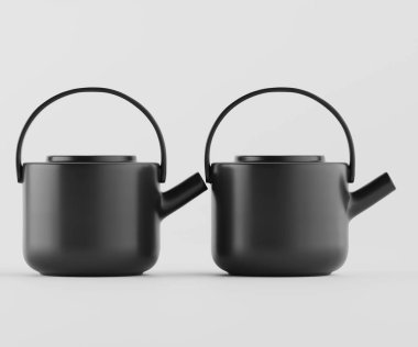 İki modern, mat siyah çaydanlık düz beyaz bir yüzey üzerinde yan yana duruyor. Çaydanlıklarda basit, temiz çizgiler ve ergonomik saplar var. Pürüzsüz ve gözeneksiz bir maddeden yapılmış gibi görünüyorlar. Yumuşak, hatta beyaz bir ışık sahneyi aydınlatıyor, Crea.