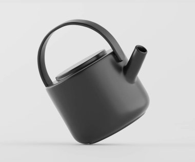 Modern, mat siyah çaydanlık düz, açık gri bir zemin üzerinde sunulur. Çaydanlığın kapağı ve sapı olan yuvarlak bir tasarımı var. Işıklandırma düz ve nötr, çaydanlığın pürüzsüz ve parlak yüzeylerini vurguluyor. İdeal bir görüntü. 