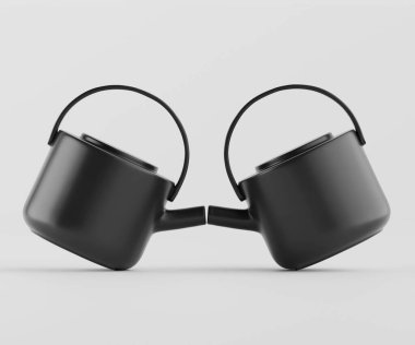 İki özdeş siyah çaydanlık düz beyaz bir arkaplanda gösteriliyor. Çaydanlıkların yuvarlak şekilleri ve basit sapları olan modern, minimalist bir tasarımı var. Çaydanlıklar simetrik olarak konumlandırılmışlar ve açık gri bir ton onları aydınlatıyor. Şey...