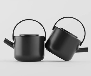 Hafif açılı iki modern siyah çaydanlık tarafsız bir arkaplanda sunuluyor. Çaydanlıklar yuvarlak şekilleri ve pürüzsüz yüzeyleri olan basit, minimalist bir tasarıma sahiptir. Rengi tutarlı, parlak formu vurguluyor. Işıklandırma arifesi.