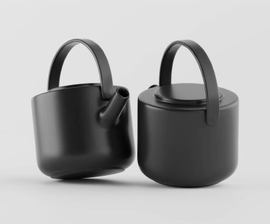 İki çağdaş siyah çaydanlık, bir stüdyo ortamında sunuluyor. Tencereler pürüzsüz, yuvarlak şekilli ve basit, işlevsel sapları var. Tarafsız gri tonlar ve yumuşak ışıklandırma çömlekçiliğin koyu ve mat kısmını vurgular. Kapalı çekim, mükemmel.