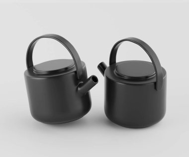 İki modern, mat siyah çaydanlık açık gri arka planda sunuluyor. Tencereler yuvarlak, basit şekiller ve parlak, siyah saplı. Aydınlatma düz ve parlak, çaydanlıkların pürüzsüz yüzeyini vurguluyor. Yapılmış gibi görünüyorlar.