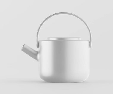 Bir stüdyo çekiminde modern, minimalist beyaz bir çaydanlık yer alır. Çaydanlık pürüzsüz, seramik bir maddeden yapılmış ve basit ve temiz bir tasarımı sergiliyor. Çaydanlığın bir kapağı ve iki kolu var. Arkaplan açık nötr bir renktir, parlak bir c verir.