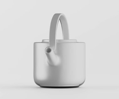 Modern, minimalist çaydanlık temiz, parlak bir stüdyo ortamında sunuluyor. Çaydanlık açık gri renktedir, basit ve pürüzsüz bir tasarımı vardır. Çaydanlık tarafsız bir arkaplanda sunuluyor, şeklini gösteriyor. Bu modern çaydanlık.