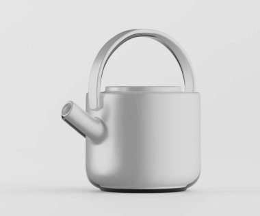 Modern, minimalist bir çaydanlık, düz, açık gri bir arkaplanda resmedilir. Çaydanlık yumuşak, çağdaş bir tasarım sergiliyor, açık gri bir kaplama ile. Işıklandırma eşit ve tencerenin ince kıvrımlarını ve hatlarını vurguluyor. Ortak.