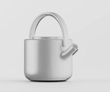 Modern, minimalist bir çaydanlık tarafsız bir zemin üzerine vurgulanır. Çaydanlık açık gri, neredeyse gümüş renginde pürüzsüz ve parlak bir yüzeyi var. Çaydanlığın tasarımı pürüzsüz ve çağdaş görünüyor, temiz çizgiler ve hafif kıvrımlı bir B.