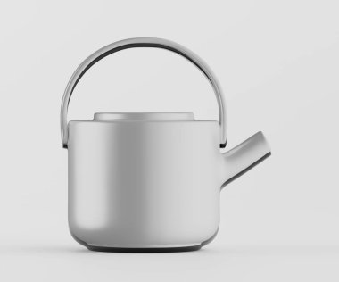 Düz beyaz arka planda sergilenen modern, minimalist çaydanlık. Çaydanlık yuvarlak, pürüzsüz ve basit, yontulmuş kulplara sahiptir. Açık gri metalik kaplaması ışığı ince bir şekilde yansıtır. Görüntü iyi aydınlatılmış ve çayın tüm detaylarını gösteriyor.