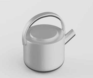 Bu stüdyo çekiminde modern, basit bir çaydanlık yer alıyor. Çaydanlık açık gri ve pürüzsüz yuvarlak bir tasarımı var. Temiz çizgiler ve basit kulplar onun minimalist estetiğini karakterize eder. Aydınlatma eşit ve parlak, güçlü gölgeler bırakmıyor, 