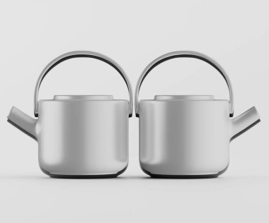 Açık gri renkli iki modern çaydanlık, düz açık gri arka planda yan yana sergilenmektedir. Tencerelerin yuvarlak şekilleri ve pürüzsüz yüzeyleri olan basit, minimalist bir tasarımı var. Sapları ve çıkıntıları koyu gri ya da siyah renkte. Aydınlık