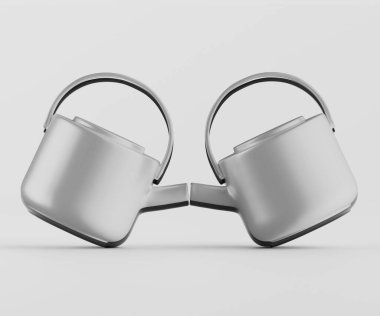 İki modern, simetrik çaydanlık tarafsız bir arkaplanda sunuluyor. Çaydanlıklar açık gri renkli ve şekilleri geometrik olarak temiz ve basit. Pürüzsüz yüzeyleri ve basit, temiz çizgileri modern bir tasarım hissi veriyor. T