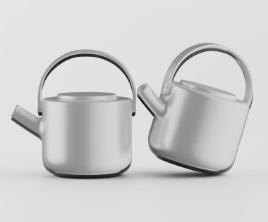 Tarafsız bir arkaplanda iki modern çaydanlık sergileniyor. Çaydanlıklar açık gri ya da gümüş renginde, pürüzsüz ve parlak görünüyorlar. Basit, yuvarlak şekilleri ve rahat tutamakları var. Tasarım stili minimalist ve çağdaş. Küçük...