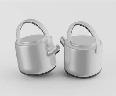 İki modern, açık gri çaydanlık tarafsız bir arkaplanda sunuluyor. Çaydanlıklar pürüzsüz ve parlak görünüyor, basit, yuvarlak şekilli ve zarif kulpları var. Bileşimi temiz ve simetrik, çaydanlıkların tasarım elemanlarını vurguluyor.. 