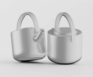 İki modern, açık gri, yuvarlak, metal çaydanlık veya benzer mutfak gereçleri düz beyaz arka planda sergilenir. Ögeler 3 boyutlu model şeklinde üretiliyor, pürüzsüz ve yuvarlak şekilleri vurgulanıyor. Hafif açıyla yerleştirilmişler. Lig.