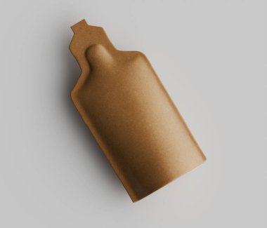 Bu görüntüde tek bir kahverengi kese var. Tarafsız bir arkaplan üzerine kurulmuş bir ürün kutusu gibi görünüyor. Kesenin kendine özgü bir şekli, yuvarlak bir üst ve daha ince bir alt kısmı vardır. Işıklandırma eşleşmenin pürüzsüz dokusunu vurgular