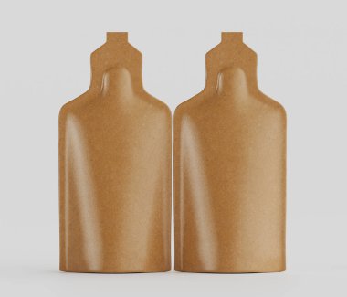 İki açık kahverengimsi, keseye benzeyen konteynırlar tarafsız bir arkaplanda sergileniyor. Poşetler pürüzsüz ve muhtemelen plastik veya folyodan yapılmış gibi görünüyor. Tasarım basit ve simetriktir. Kolayca yeniden yapılandırılmayı ön plana çıkarır.