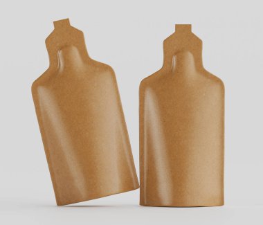 İki kahverengi, soyut nesne tarafsız bir arkaplanda sunuluyor. Nesneler yumuşak, yansıtıcı yüzeyler içeriyor, kenarları yumuşak, dijital olarak yapılmış bir estetik. Renk paleti sıcak ve dünyevi, ve aydınlık.