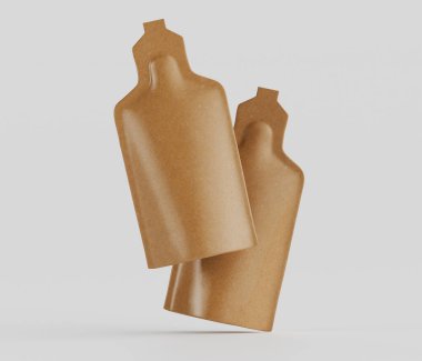 Tarafsız bir arkaplan karşısında iki stilize ürün paketi sergileniyor. Sıcak bej renginde hazırlanmış paketler yuvarlak bir vücudu ve dar bir boynu olan ayırt edici bir şekle sahiptir. Yumuşak ışıklandırma stüdyo ortamını gösteriyor. Kompozisyon 