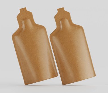 Açık kahverengimsi, esnek keseler veya ambalajlar, tarafsız bir arkaplanda stüdyo ortamında gösteriliyor. Dokuma malzemesinden yapılmış gibi görünen keseler, üzerinde başlık / başlık olan küçük şişelere benziyor. Onlar hazır.