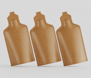 Üç açık kahverengi, esnek ambalaj kesesi bir ürün sergisinde sunuluyor. Keseliler benzer şekil ve tasarıma sahiptir, hafif bir eğri ile, ve nötr bir arkaplan karşısında yapılır. Kesedeki kumaş pürüzsüz ve ortak.