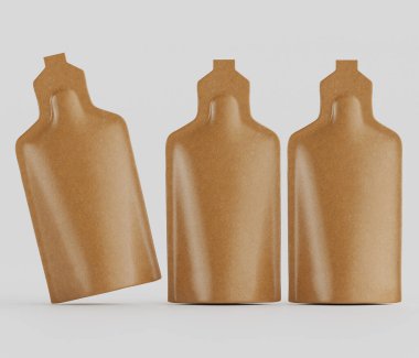 Bir stüdyo ortamında, muhtemelen sıvı veya yapıştırıcı ürün için üç ayrı, açık kahverengimsi, esnek keseler sunuluyor. Keseler hafifçe üçlük açıyla gösteriliyor. Bu da hareket ve derinliği gösteriyor. Malzemeler çok yumuşak görünüyor.