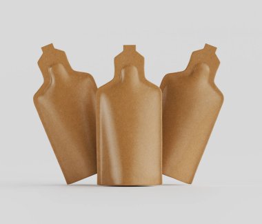 Bir stüdyo ortamında üç tane açık kahverengi keseye benzer kutu gösteriliyor. Konteynırlar pürüzsüz, basit bir tasarıma sahip ve hafif bir düzende yerleştirilmiş. Arkaplan nötr, açık gri renktedir.
