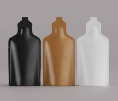 Tarafsız bir arkaplana karşı üç adet stilize şişe sunuluyor, her biri farklı bir katı renk gösteriyor. Gösterişli, modern bir tasarımın yer aldığı şişeler yüzeylerinden yansıyan hafif ışıkla dik duruyorlar. Kompozisyon bir Studi 'yi işaret ediyor.