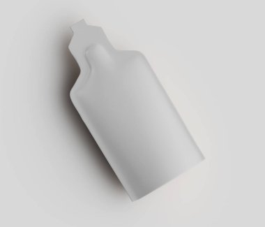 Görüntü, muhtemelen ambalaj sıvıları veya tozlar için tasarlanmış boş, beyaz bir kesenin yakın çekimini gösteriyor. Kese pürüzsüz, beyaz bir zemin üzerinde sunuluyor, temiz ve minimalist estetiğini geliştiriyor. Işıklandırma yumuşak ve eşit, dökme su