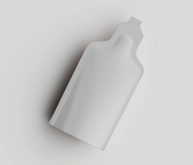 Dijital olarak hazırlanmış bir görüntüde beyaz, mat, keseye benzeyen bir nesne beyaz bir arkaplana karşı sergileniyor. Nesnenin şekli, içinde sıvı veya tanecikli bir madde olduğunu gösteriyor. Üst kısmı mühürlü ve kendine özgü bir şekli var.