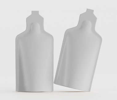 Açık gri, esnek kese şeklindeki iki konteynır stüdyo çekiminde sunuluyor. Keselerin pürüzsüz, hafif parlak bir yüzeyi ve küçük bir kapağı ya da kapağı olan şişe benzeri bir şekli var. Aydınlatma eşit ve parlak, dikkat çekici.