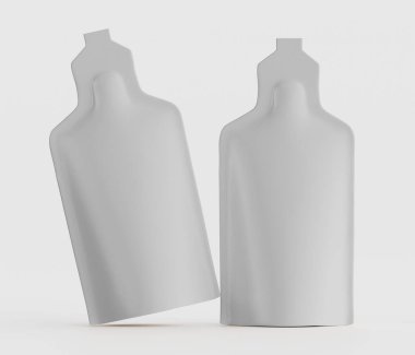 Görüntü, muhtemelen ambalaj için, tarafsız bir zemin üzerine kurulmuş iki şişe sunuyor. Şişeler, etiketsiz ve markasız, pürüzsüz, minimalist yüzeylere sahip, temiz ve modern bir estetik sergiliyor. Renk paleti ağırlıklı olarak beyazdır.