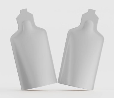 İki tarafsız renkli kese, basit ve tek bir arkaplanda tasvir edilir. Pürüzsüz, modern tasarım bunların sıvı veya jel için ambalaj olduğunu gösteriyor. Şekilleri üst kısım ve ana gövdeye sahiptir, ve dikişsiz dokusu bir cl hissi verir.