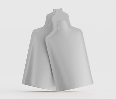 Bu resim, temiz ve nötr bir zemine karşı bir çift soyut, heykel biçimini sergiliyor. Nesneler, pürüzsüz yüzeyler ve tek renkli renk düzeniyle karakterize edilmiş minimalist bir tasarım sergiliyorlar. Kompozisyonda şekil ve gölge vurgulanıyor.