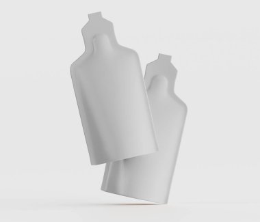 Resim, muhtemelen sıvılar veya gıda ürünleri için düz ve hafif bir zemin üzerinde sergilenen özdeş iki beyaz kap sunuyor. Nesneler, düz bir doku, ince bir gölgeleme ve şekil ve biçime vurgu ile üç boyutlu olarak oluşturulmuştur. T