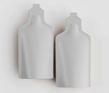 İki stilize edilmiş, şişe şeklindeki nesne düz, açık renkli bir arkaplana karşı sunuluyor. Nesneler tek renkli, gri tonlu bir renk şemasına sahip, pürüzsüz, mat bir doku sergiliyor. Kompozisyonda basit, tepeden aydınlatma düzeneği gösteriliyor