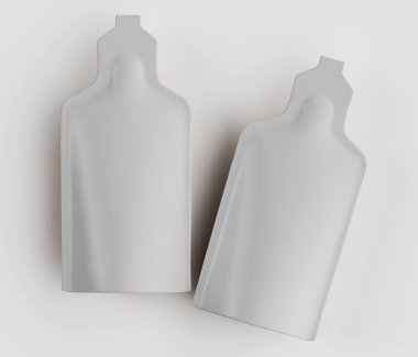 Bu resim iki özdeş, gri nesneyi düz beyaz arkaplan üzerinde gösteriyor. Biçimlerde yuvarlak vücutlar ve dar, şişelere ya da konteynırlara benzeyen uzatılmış kaplar var. Genel tasarım minimalist ve modern, pürüzsüz, mat yüzeyi t