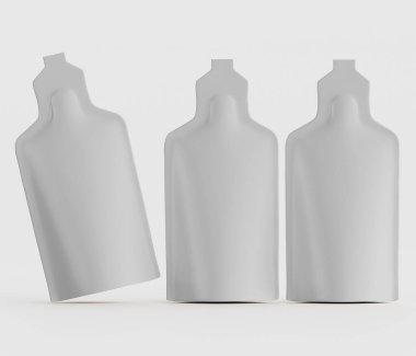 Bu resim, düz ve hafif bir arkaplana karşı dizilmiş üç özdeş, stilize konteynırı gösteriyor. Her konteynerin geniş, dikdörtgen bir gövdesi ve dar bir boynu olan şişe benzeri bir şekli var. Konteynırların yumuşak, nötr bir renk paleti var.