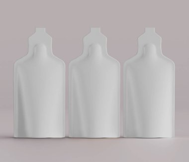 Yumuşak bir arka planda üç özdeş kese bir sırada dizilir. Kese pürüzsüz, beyaz yüzeylerle kaplı. Temiz ve modern bir estetik olduğunu gösteriyor. İnce gölgeler ve gölgeler şekilleri belirler, bir volum hissi yaratır.