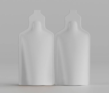 İki özdeş, beyaz, yuvarlak kapaklı dikdörtgen paket tarafsız gri bir arkaplan karşısında duruyor. Paketler düzgün bir şekilde aydınlatılmış, pürüzsüz, mat bir yüzey dokusu sergiliyorlar. Kompozisyon, simgeyi vurgulayan merkezi bir düzenleme içerir.