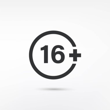 Beyaz arka planda 16 yaş altı içki yasağı ikonu. Yetişkinler sadece uyarı konsepti. Yaş sınırı 16 + sembolü. On ikiden fazla..