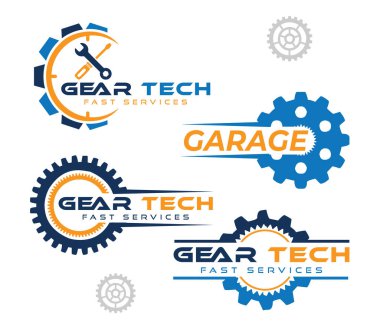 Gear servis logosu koleksiyonu, vites araçları logosu tasarım vektör şablonu, iş logosu