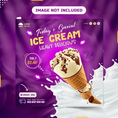 Çikolata sıçraması ve lezzetli çikolatalı dondurma sosyal medya afişi Instagram post tasarımı.