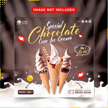 Çikolata sıçraması ve lezzetli çikolatalı dondurma sosyal medya afişi Instagram post tasarımı.